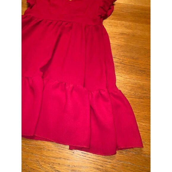 Red Ruffled V-Neck Dress With Lace Trim & Tie Back - Picture 6 of 6